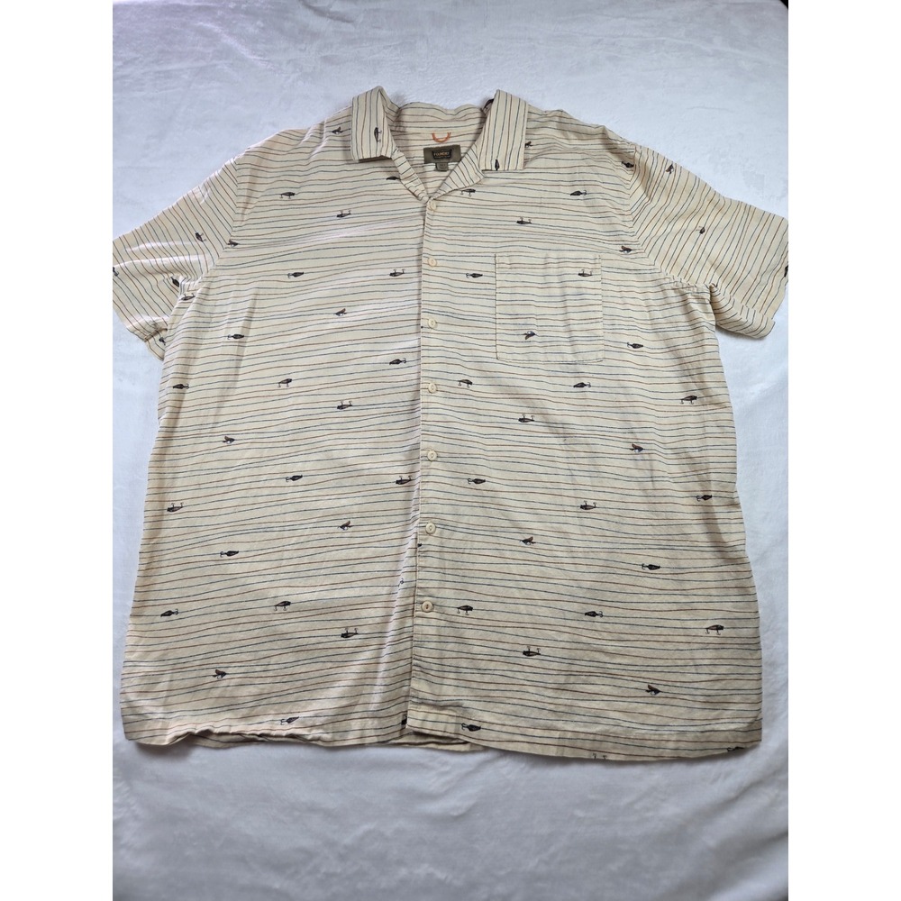 The Foundry Supply Co Mens 2XLT Fishing Lure‎ Striped Cotton Linen Shirt Cream
